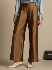 Clearance - 32Momme Silk-Wool Blend High Waist Wide Leg Women's Pants with Side Pockets Design