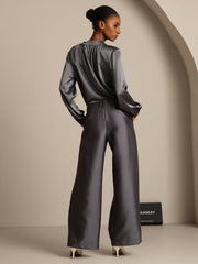 Clearance - 32Momme Silk-Wool Blend High Waist Wide Leg Women's Pants with Side Pockets Design
