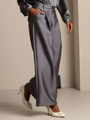 Clearance - 32Momme Silk-Wool Blend High Waist Wide Leg Women's Pants with Side Pockets Design