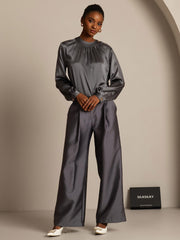Clearance - 32Momme Silk-Wool Blend High Waist Wide Leg Women's Pants with Side Pockets Design