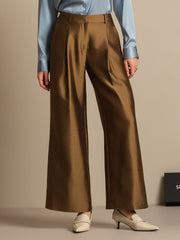 Clearance - 32Momme Silk-Wool Blend High Waist Wide Leg Women's Pants with Side Pockets Design