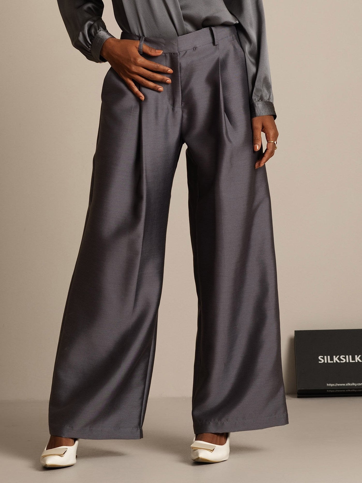 Clearance - 32Momme Silk-Wool Blend High Waist Wide Leg Women's Pants with Side Pockets Design