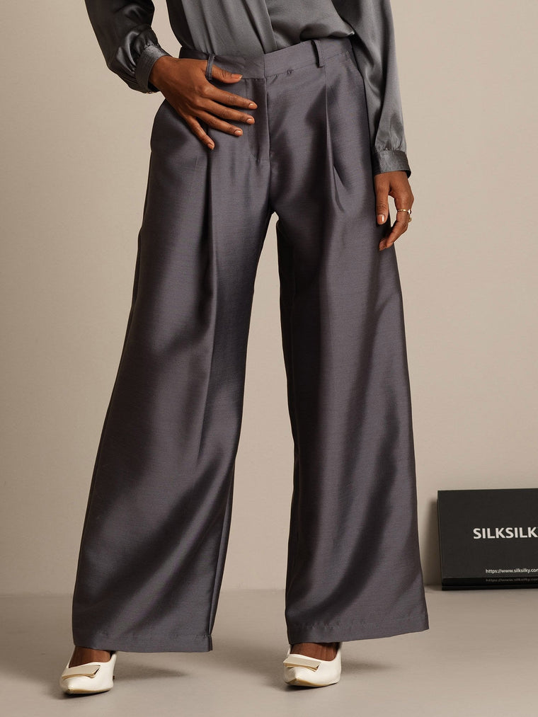 Clearance - 32Momme Silk-Wool Blend High Waist Wide Leg Women's Pants with Side Pockets Design