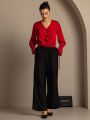 Clearance - 32Momme Silk-Wool Blend Straight Fit Women's Pants with Drawstring Side Pockets  Design