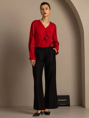 Clearance - 32Momme Silk-Wool Blend Straight Fit Women's Pants with Drawstring Side Pockets  Design