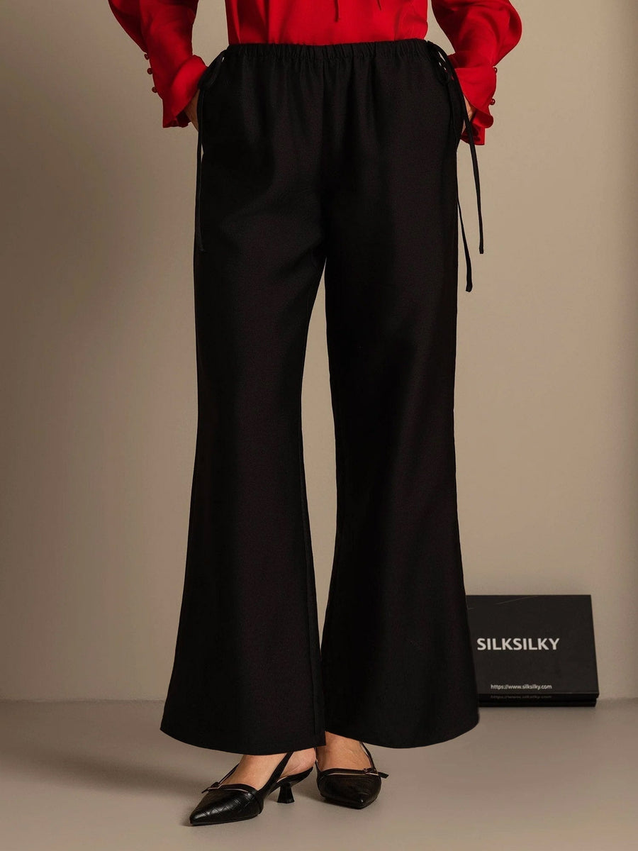 Clearance - 32Momme Silk-Wool Blend Straight Fit Women's Pants with Drawstring Side Pockets  Design