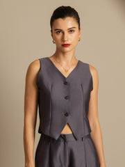 Clearance - 32Momme Silk-Wool Blend Women's V Neck Vest with Button Design