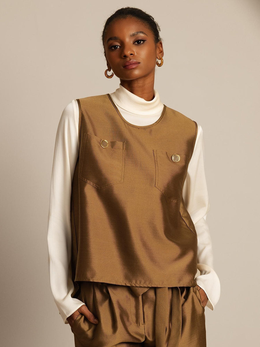 Clearance - 32Momme Silk-Wool Blend Women's Vest with Button Pocket Design