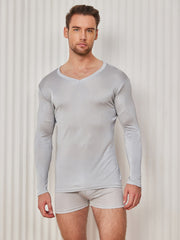Clearance - Mens V-Neck Long Sleeve Silk Knitted Tee