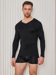 Clearance - Mens V-Neck Long Sleeve Silk Knitted Tee
