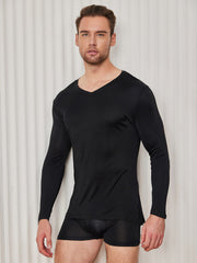 Clearance - Mens V-Neck Long Sleeve Silk Knitted Tee