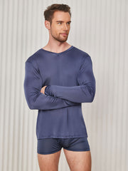 Clearance - Mens V-Neck Long Sleeve Silk Knitted Tee