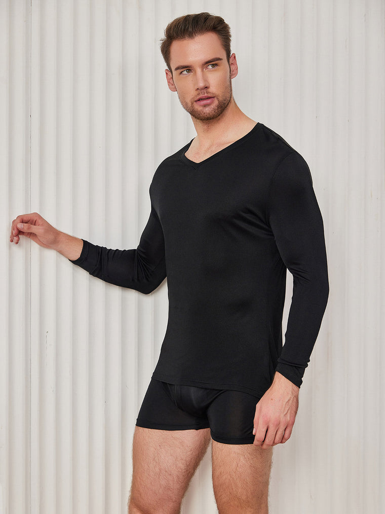 Clearance - Mens V-Neck Long Sleeve Silk Knitted Tee