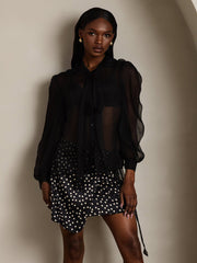 Clearance - Pure Silk Chiffon Women's Lantern Sleeve Tie Neck Sheer Blouse