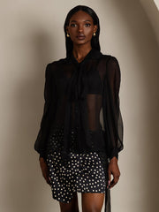 Clearance - Pure Silk Chiffon Women's Lantern Sleeve Tie Neck Sheer Blouse