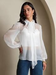 Clearance - Pure Silk Chiffon Women's Lantern Sleeve Tie Neck Sheer Blouse