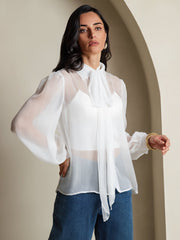 Clearance - Pure Silk Chiffon Women's Lantern Sleeve Tie Neck Sheer Blouse