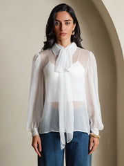 Clearance - Pure Silk Chiffon Women's Lantern Sleeve Tie Neck Sheer Blouse
