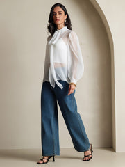 Clearance - Pure Silk Chiffon Women's Lantern Sleeve Tie Neck Sheer Blouse