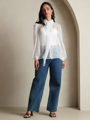 Clearance - Pure Silk Chiffon Women's Lantern Sleeve Tie Neck Sheer Blouse