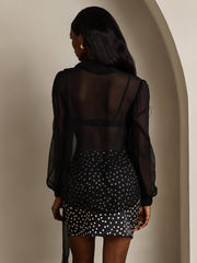 Clearance - Pure Silk Chiffon Women's Lantern Sleeve Tie Neck Sheer Blouse