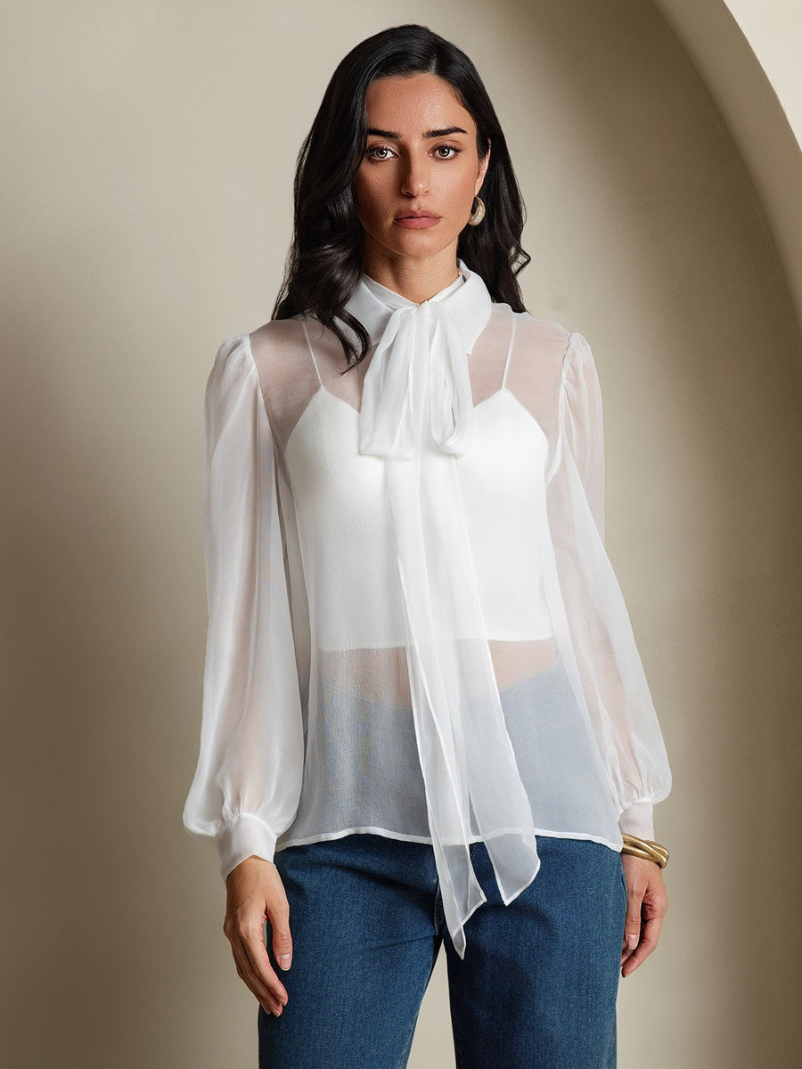 Clearance - Pure Silk Chiffon Women's Lantern Sleeve Tie Neck Sheer Blouse