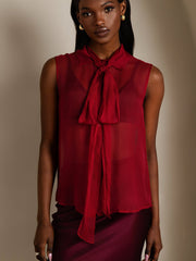 Clearance - Pure Silk Chiffon Women's Sleeveless Tie Neck Sheer Blouse