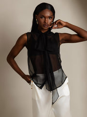 Clearance - Pure Silk Chiffon Women's Sleeveless Tie Neck Sheer Blouse