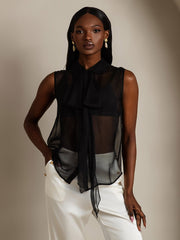 Clearance - Pure Silk Chiffon Women's Sleeveless Tie Neck Sheer Blouse