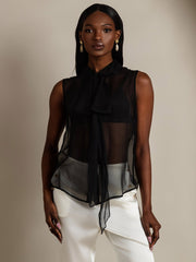 Clearance - Pure Silk Chiffon Women's Sleeveless Tie Neck Sheer Blouse