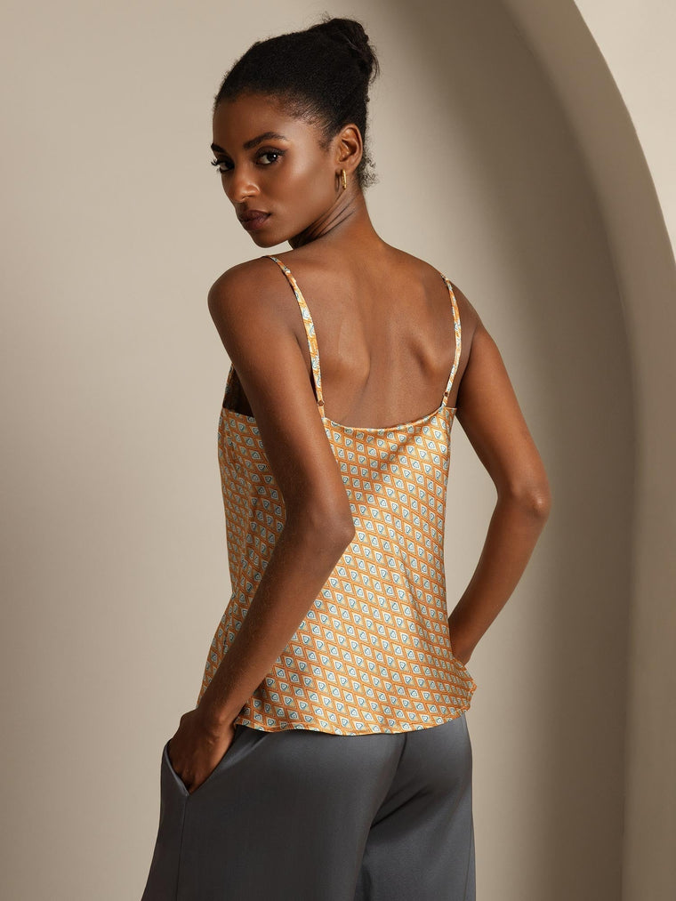 Clearance - Pure Silk Geometric Print Spaghetti Strap V Neck Camisoles