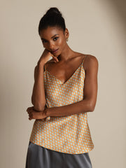 Clearance - Pure Silk Geometric Print Spaghetti Strap V Neck Camisoles
