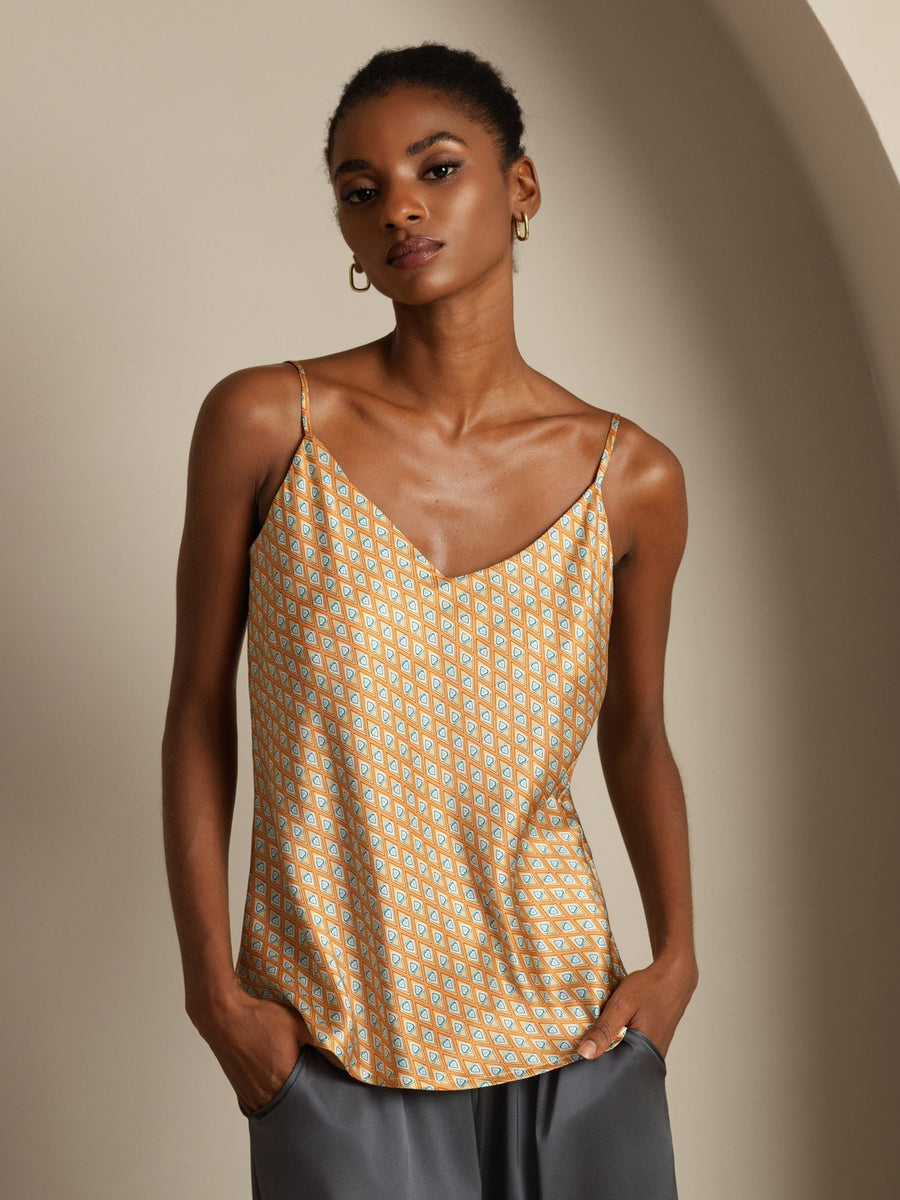 Clearance - Pure Silk Geometric Print Spaghetti Strap V Neck Camisoles