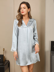 Clearance - Pure Silk Lace Cuffs Casual Sleep Shirt