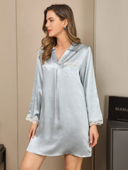 Clearance - Pure Silk Lace Cuffs Casual Sleep Shirt
