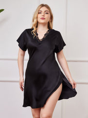 Clearance - Pure Silk Lace Neck Split Hem Plus Size Nightgown