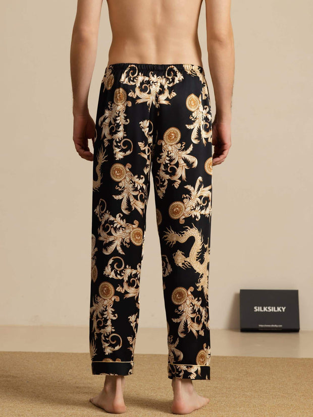 Clearance - Pure Silk Men's Dragon Print Sleep Pants with Elastic Waist