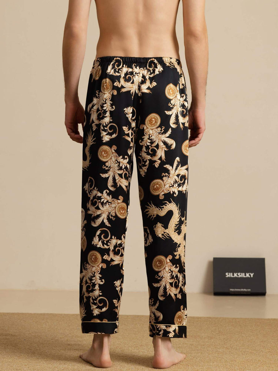 Clearance - Pure Silk Men's Dragon Print Sleep Pants with Elastic Waist