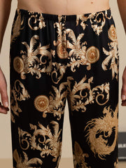 Clearance - Pure Silk Men's Dragon Print Sleep Pants with Elastic Waist