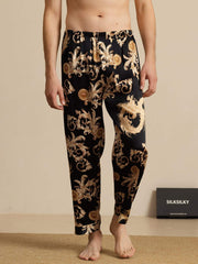 Clearance - Pure Silk Men's Dragon Print Sleep Pants with Elastic Waist
