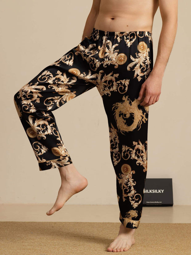 Clearance - Pure Silk Men's Dragon Print Sleep Pants with Elastic Waist