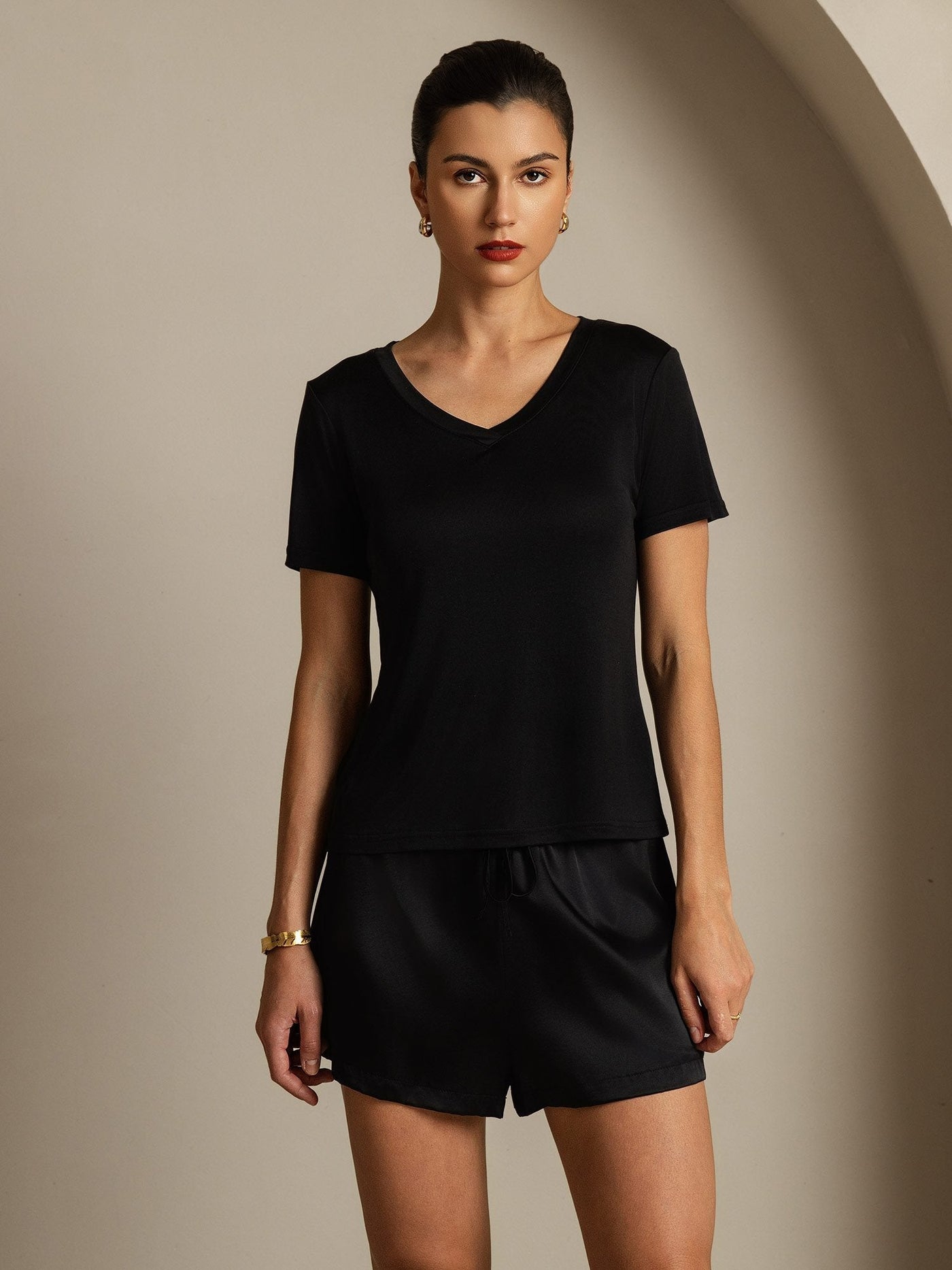 Clearance - Pure Silk V-Neck Short Sleeves Women's T-Shirt