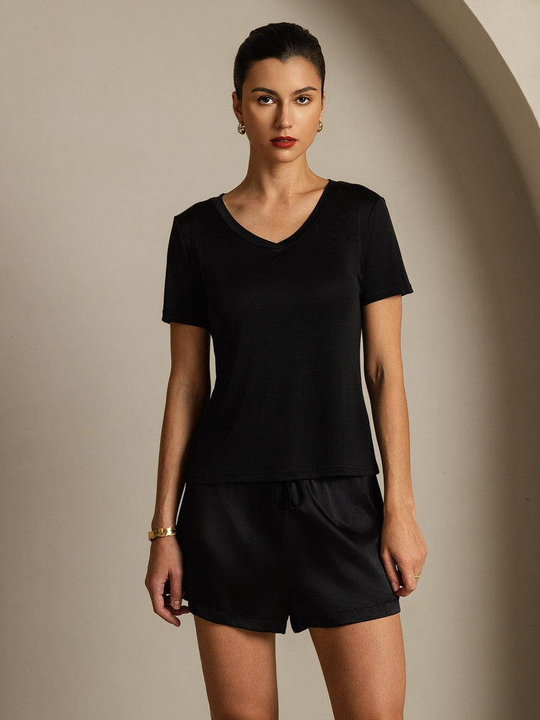 Clearance - Pure Silk V-Neck Short Sleeves Women's T-Shirt
