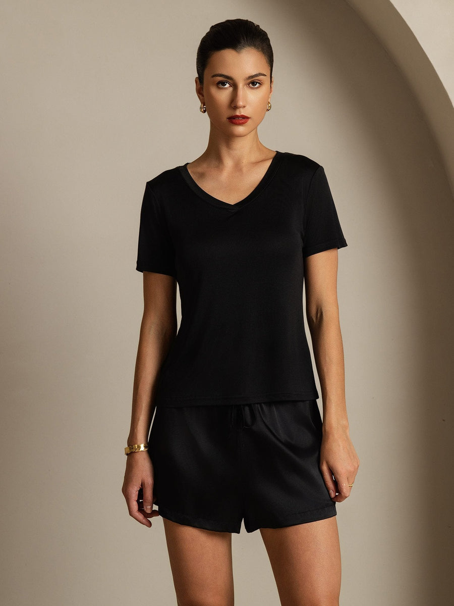 Clearance - Pure Silk V-Neck Short Sleeves Women's T-Shirt