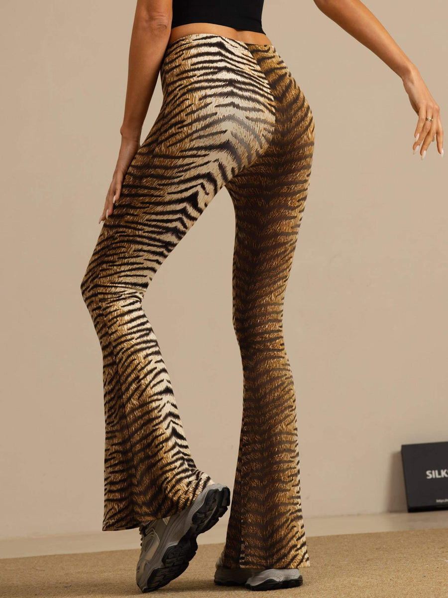 Clearance - Pure Silk Wild Animal Print Women's Flare Pants High Waisted Bell Bottom