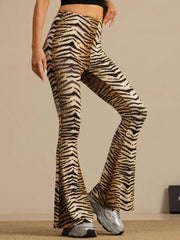 Clearance - Pure Silk Wild Animal Print Women's Flare Pants High Waisted Bell Bottom
