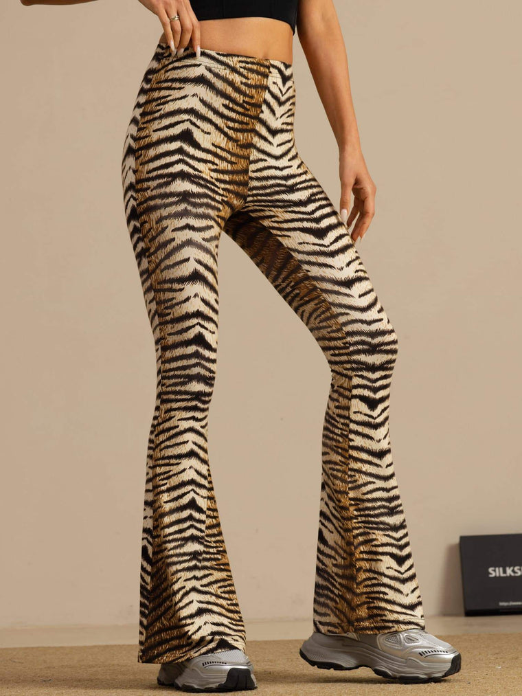 Clearance - Pure Silk Wild Animal Print Women's Flare Pants High Waisted Bell Bottom