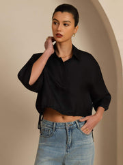 Clearance - Pure Silk Women's Half Sleeve Cropped Blouse With Drawstring Hem