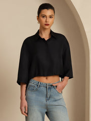 Clearance - Pure Silk Women's Half Sleeve Cropped Blouse With Drawstring Hem