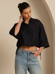 Clearance - Pure Silk Women's Half Sleeve Cropped Blouse With Drawstring Hem
